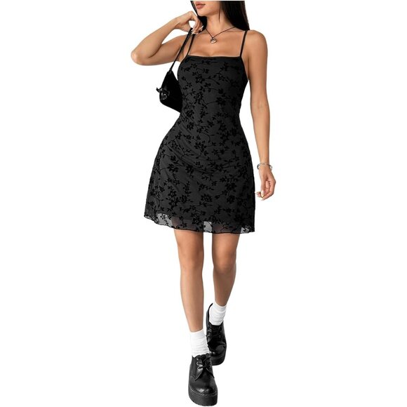 Women's Floral Mini Dress Mesh Spaghetti Strap Casual Festive Outfits - Picture 3 of 6